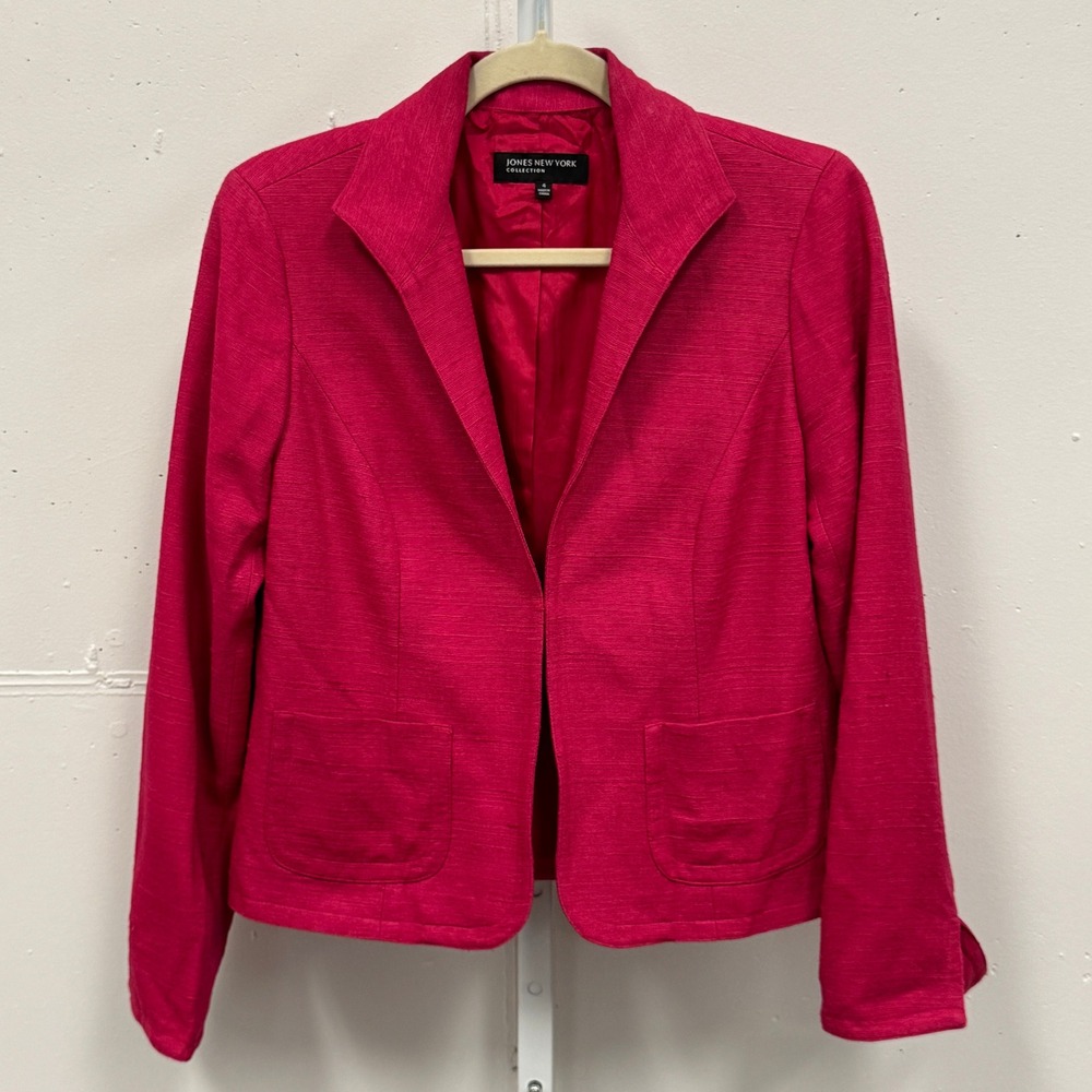 Jones New York Collection 100% Silk Blazer Pink Textured Open Front Jacket Sz 4‎